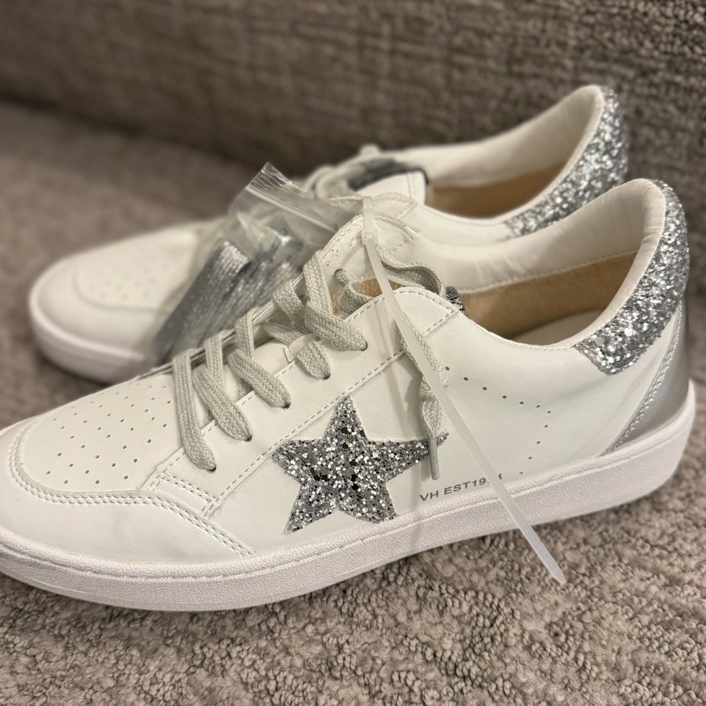 NEW -Size 11- Vintage Havana White and Silver Sneakers with Silver Glitter Star